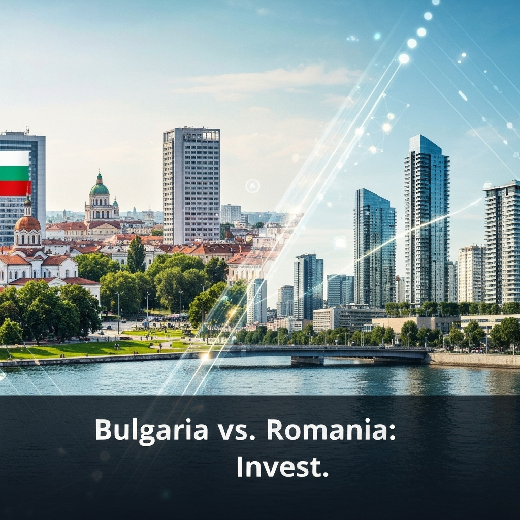 A split image comparing modern cityscapes of Bulgaria and Romania, representing real estate investment opportunities, with the headline "Bulgaria vs. Romania: Invest." overlaid. This image illustrates a data-driven comparison for US buyers considering real estate investment in Bulgaria vs. Romania.