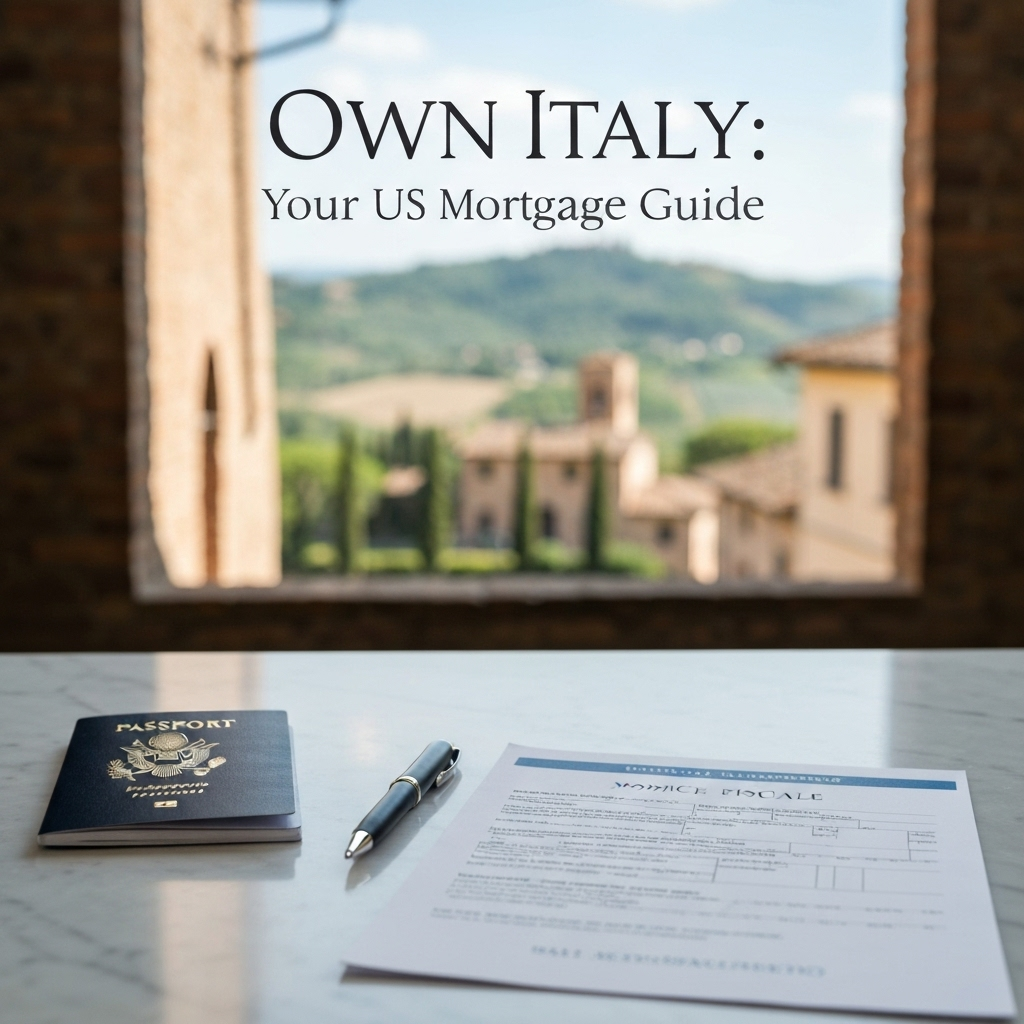 A US passport and Italian mortgage documents on a desk, with a picturesque Italian landscape in the background, illustrating the guide on how to get a mortgage in Italy as a US citizen.