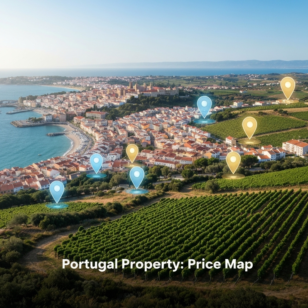 An aerial view of diverse Portuguese landscapes with an abstract data overlay, illustrating regional property prices as a buyer's guide for 2025.