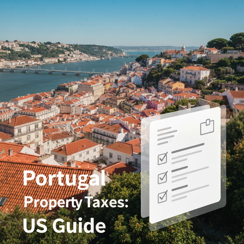 A vibrant photograph of a Portuguese cityscape with a subtle, clean digital overlay of financial information, illustrating "Understanding Portugal's Property Taxes: A Guide for US Buyers (IMT, IMI & More)".