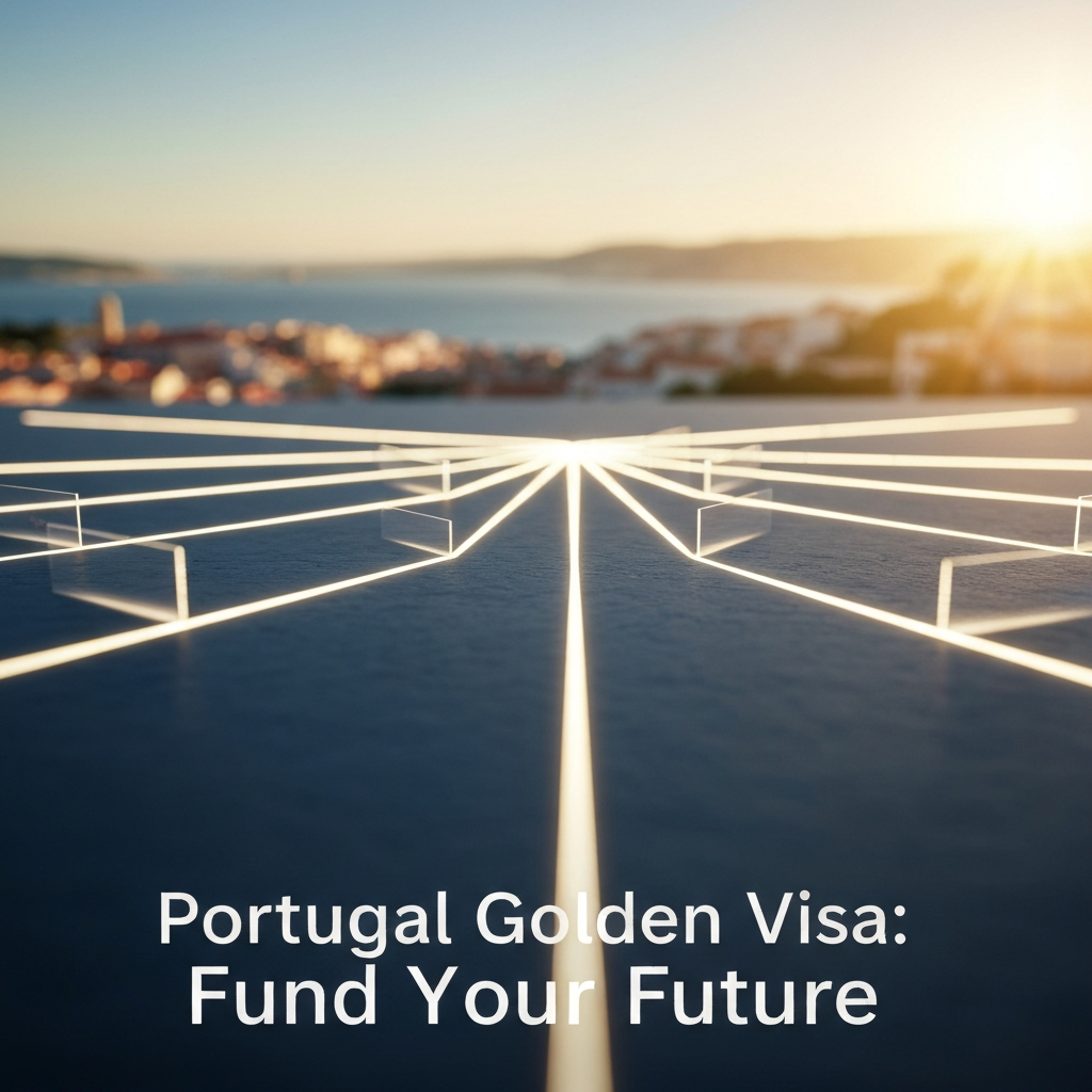 A modern, aspirational image depicting glowing pathways symbolizing strategic investment choices, with one prominent path leading towards a sun-drenched Portuguese coastline. The image represents the Portugal Golden Visa: Investment Funds vs. The Alternatives (2025 Guide), highlighting new opportunities for residency.